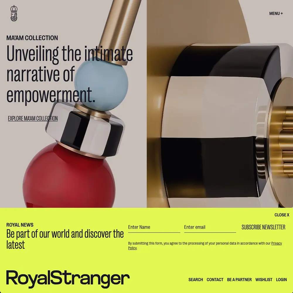 Highly stylized beauty brand homepage with oversized 3D product imagery