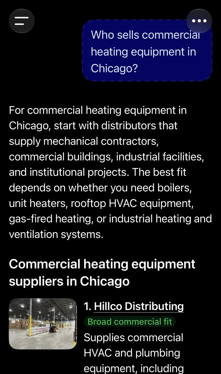 ChatGPT answer to Who sells commercial heating equipment in Chicago, listing Hillco Distributing first