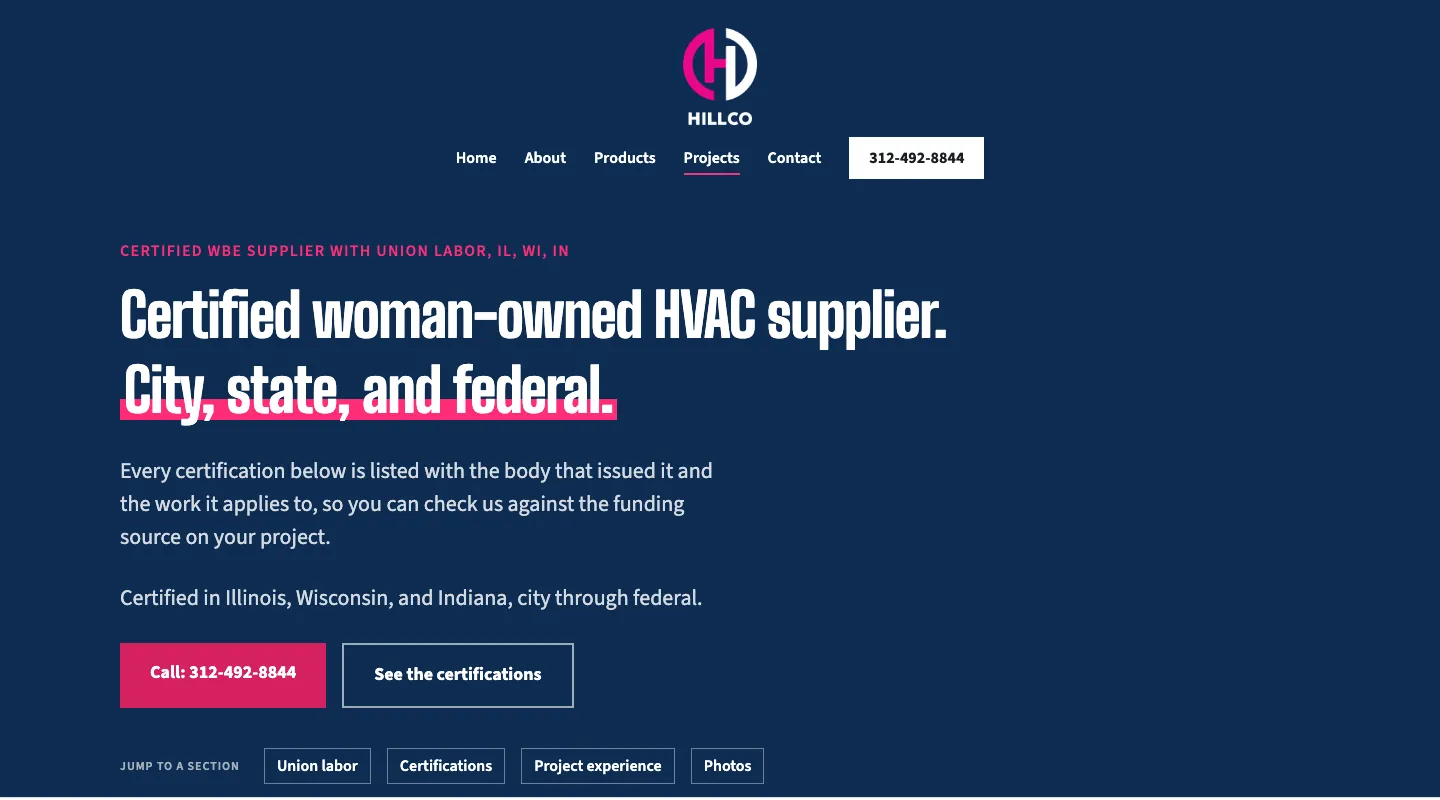Hillco Distributing projects page with the heading Certified woman-owned HVAC supplier, city, state and federal
